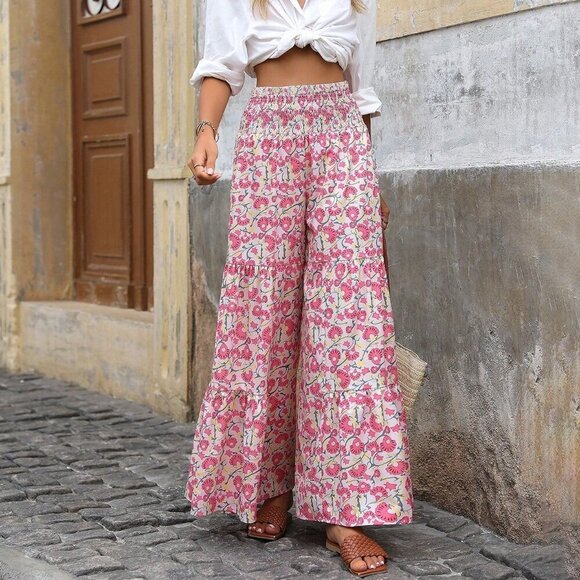 Pink Boho Women's Allover Print High Waist Wrap Around Wide Leg Pants - Picture 4 of 5